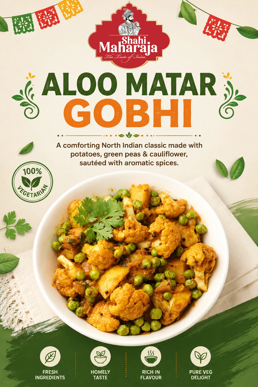 Aloo Matar Gobhi with potatoes, peas and cauliflower by Shahi Maharaja, the best Indian restaurant in Singapore.