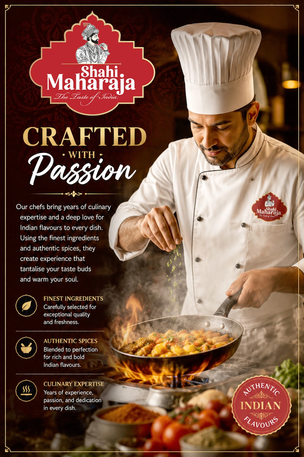 Chef at Shahi Maharaja seasoning a flaming pan of authentic Indian food, showcasing culinary passion and expertise.