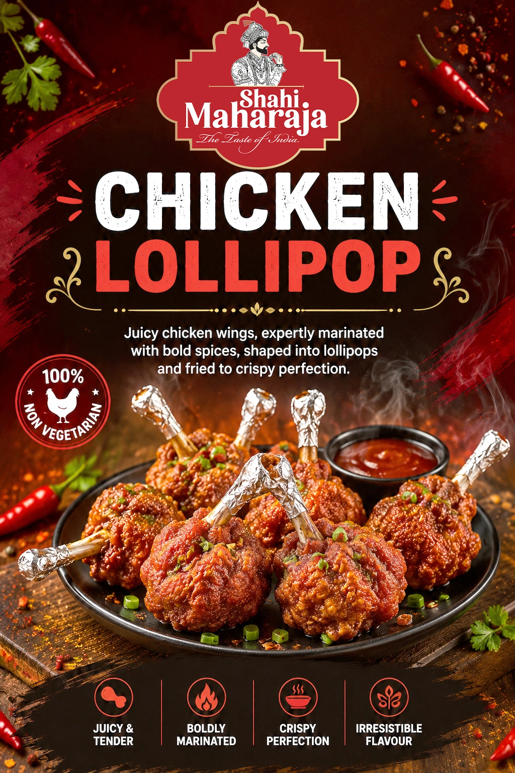 Shahi Maharaja Chicken Lollipop fried to crispy perfection served at Best Indian restaurant in Singapore.
