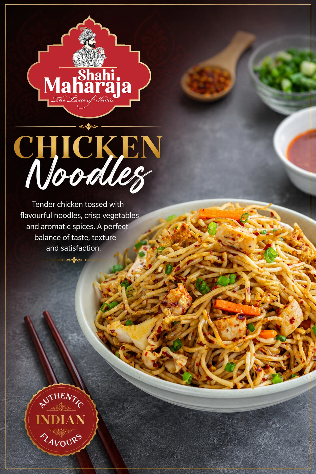 Chicken Noodles with tender chicken and aromatic spices served at an authentic Indian restaurant.