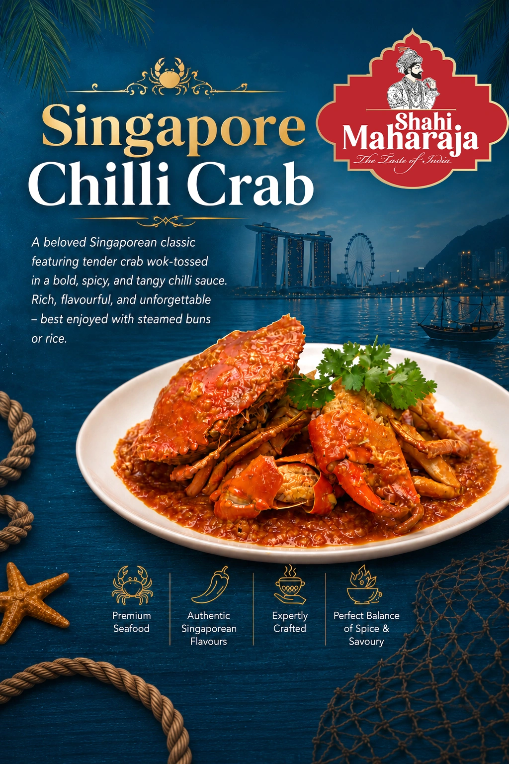 Singapore chilli crab in spicy tangy sauce with cilantro garnish served at Shahi Maharaja Indian restaurant in Singapore.