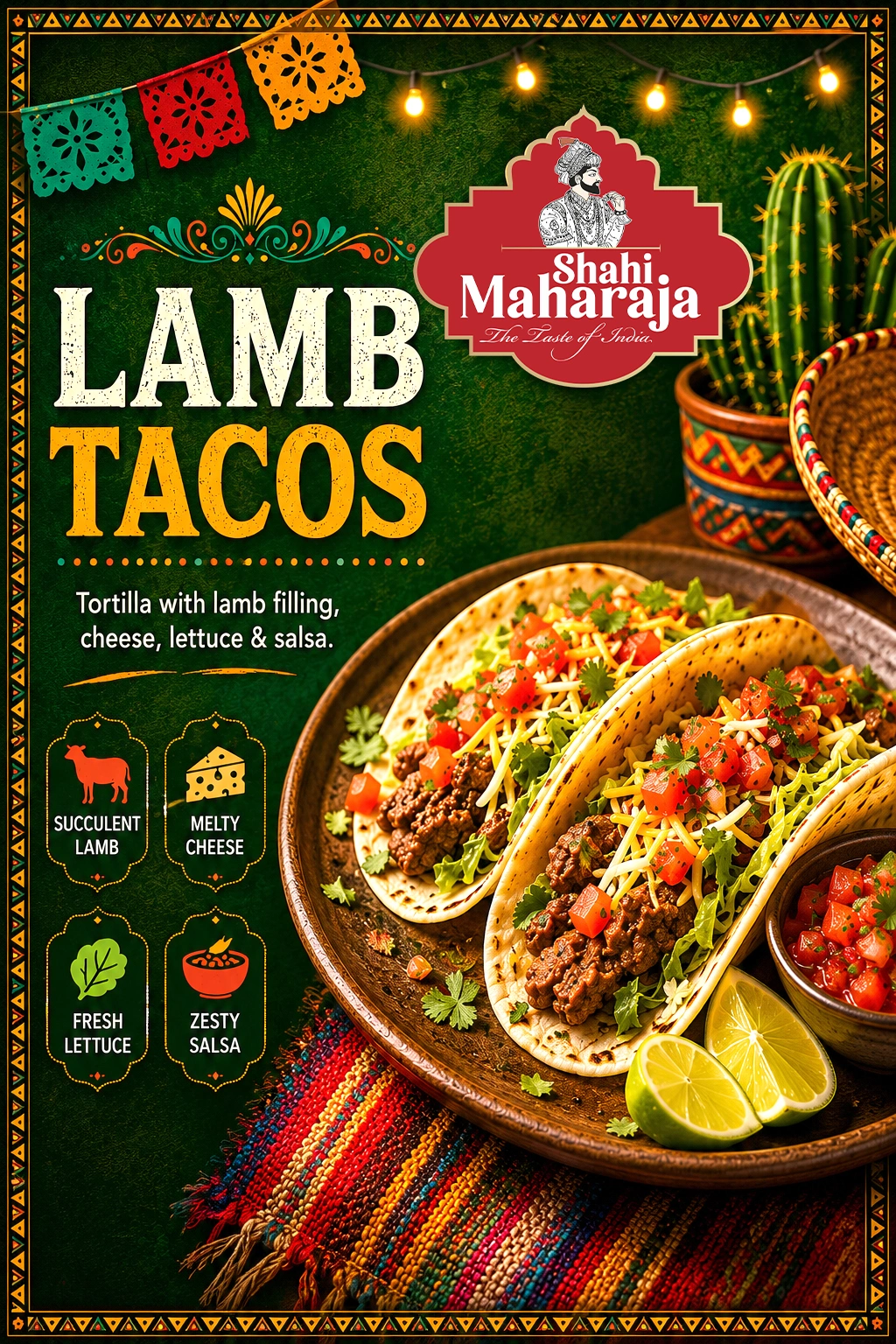 Lamb tacos with cheese, lettuce, and salsa served at Shahi Maharaja, the taste of India restaurant in Singapore.