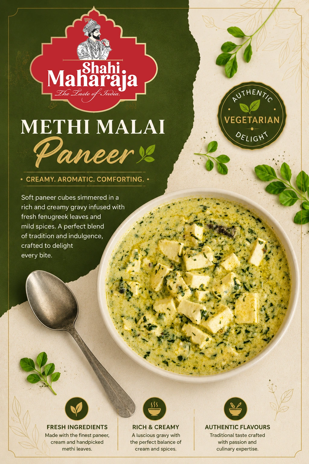 Indian Methi Malai Paneer in a creamy fenugreek gravy with soft paneer cubes served at a top Indian restaurant. 