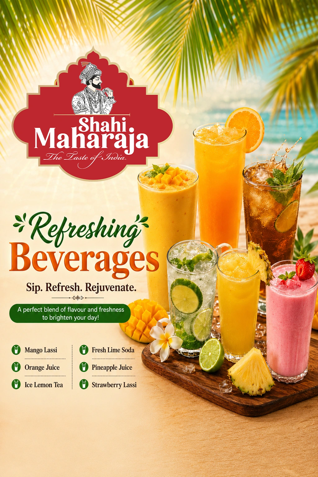 Refreshing Indian mango lassi, fruit juices, and iced tea served at the best Indian restaurant in Singapore. 