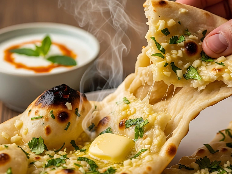 Freshly baked garlic naan bread with melted butter and cilantro garnish, served at Best Indian restaurant in Singapore.